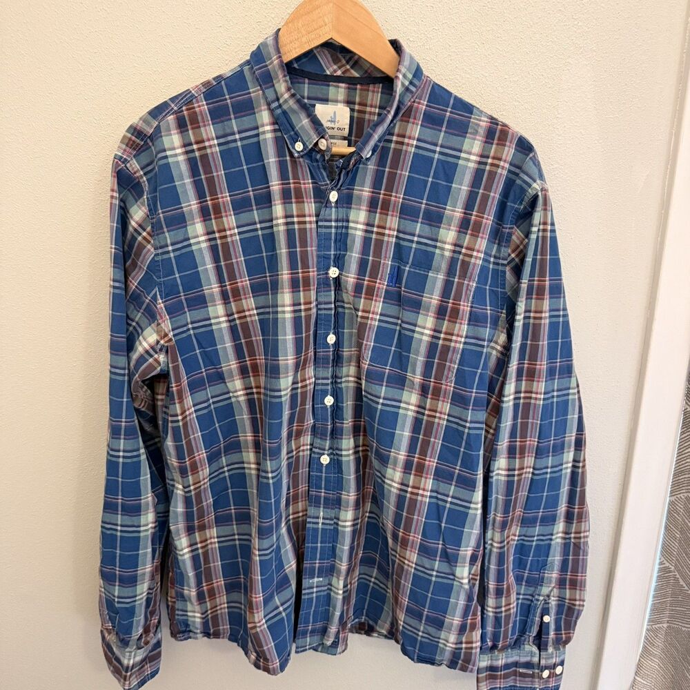Johnnie O Shirt Mens XL Blue Plaid Button Down Lightweight Casual Preppy beach